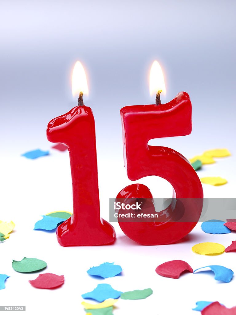 Birthday-anniversary Nr. 15 Birthday-anniversary red candle showing Nr. 150 Number 15 Stock Photo