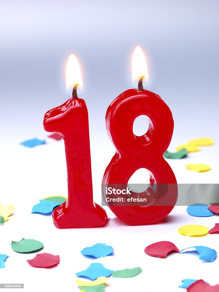 Birthday-anniversary Nr. 18 Birthday-anniversary red candle showing Nr. 18 18-19 Years Stock Photo