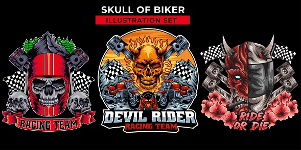 set of skull biker illustration in t-shirt style design