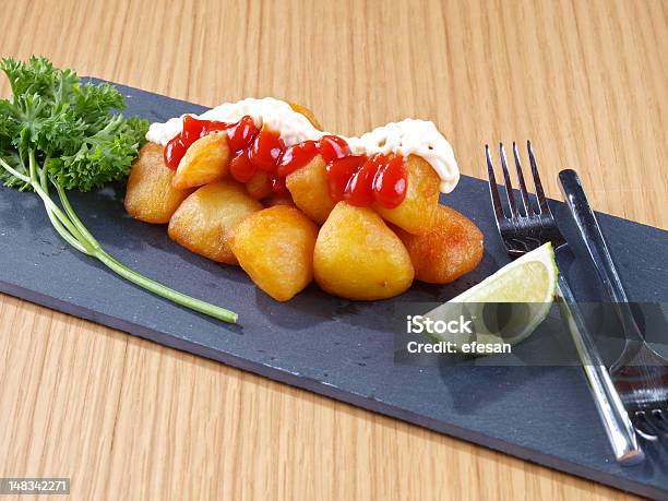 Patatas Bravas Hot Spicy Fried Potatoes Stock Photo - Download Image Now - Patatas Bravas, Slate - Rock, Appetizer