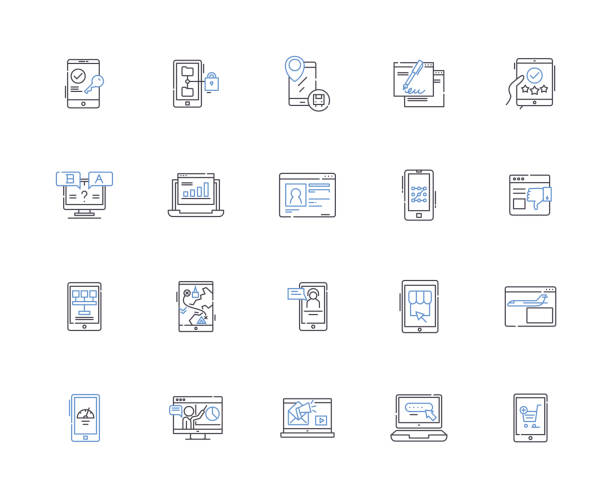 kolekcja ikon konspektu interfejsu. interface, interfaceable, interfacing, interact, interactive, interacting, fasada wektorowa i zestaw koncepcji ilustracji. interfacial, boundaries, connect linear signs - connection merger road togetherness stock illustrations