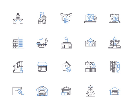 Houses line icons collection. Home, Residence, Abode, Dwelling, Mansion, Lodgings, Villa vector and linear illustration. Condo, Cottage, Bungalow outline signs set