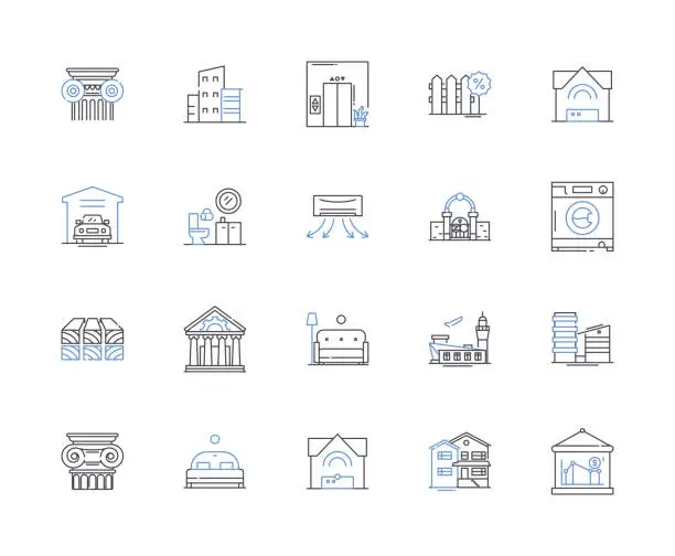 Vector illustration of Houses and accomodation outline icons collection. Home, Accommodation, Residence, Abode, Lodging, Domicile, Dwelling vector and illustration concept set. Villa, Cottage, Mansion linear signs