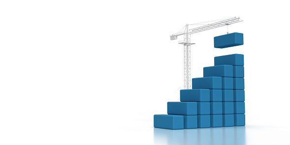 Construction site silhouette with crane building blue block structures on top of each other. Real estate, property development. Innovative architecture, engineering concept. 3D business and finance illustration design on white background with copy space.