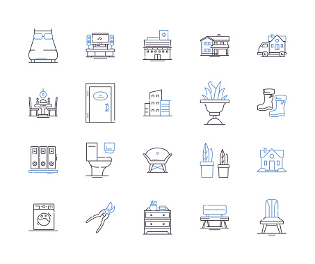 Home furniture line icons collection. Sofa, Bed, Table, Chair, Couch, Mattress, Chest vector and linear illustration. Wardrobe, Stool, Bookshelf outline signs set