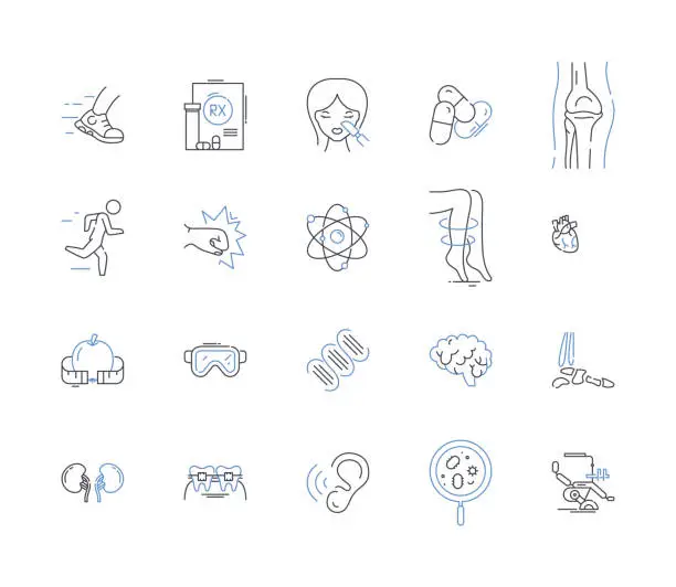 Vector illustration of Health tech outline icons collection. Healthtech, Healthcare, Technology, Medical, Wearable, Digital, Telehealth vector and illustration concept set. AI, Bigdata, Robotics linear signs