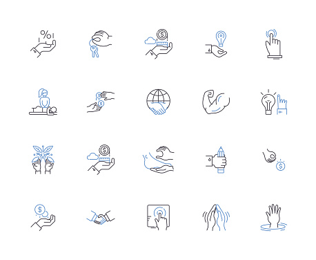 Hand gesture line icons collection. gesticulating, waving, pointing, beckoning, signaling, clapping, shaking vector and linear illustration. saluting, clasping, jabbing outline signs set