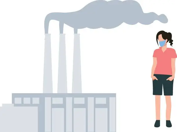 Vector illustration of A girl wearing a mask looks at the pollution from the factory smoke.