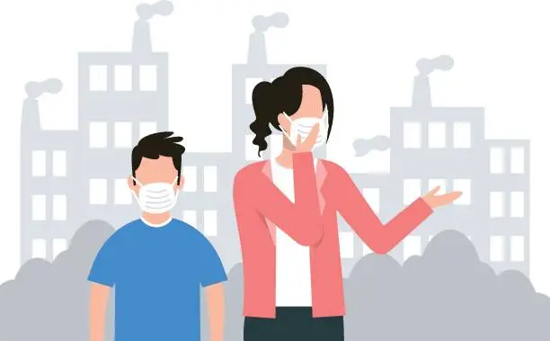 Vector illustration of A girl and a boy wearing masks are protecting themselves from air pollution.