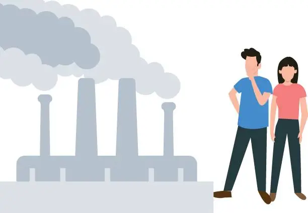 Vector illustration of Boy and girl looking at factory smoke pollution.