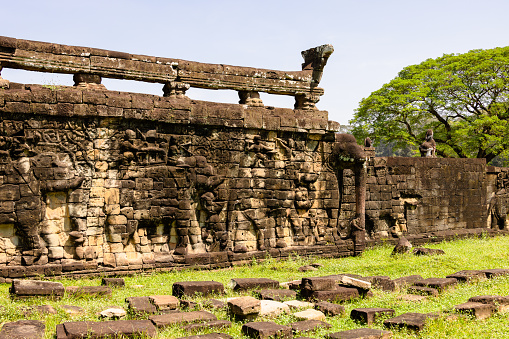 Terrace of the Elephants is part of Angkor Thom in Siem Reap, Cambodia. It was used as a platform for returning armies, but little remains of it today.