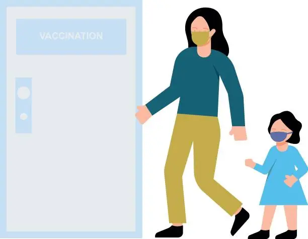 Vector illustration of The girl and the kid are going to the room for vaccination.