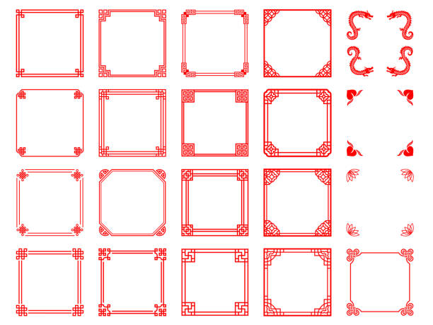 stockillustraties, clipart, cartoons en iconen met chinese style square frame set with various corner decorations - chinese cultuur