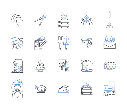 Farming factory line icons collection. Farming, Factory, Agriculture, Crop, Cultivation, Grower, Harvester vector and linear illustration. Tractor, Sowing, Plowing outline signs set