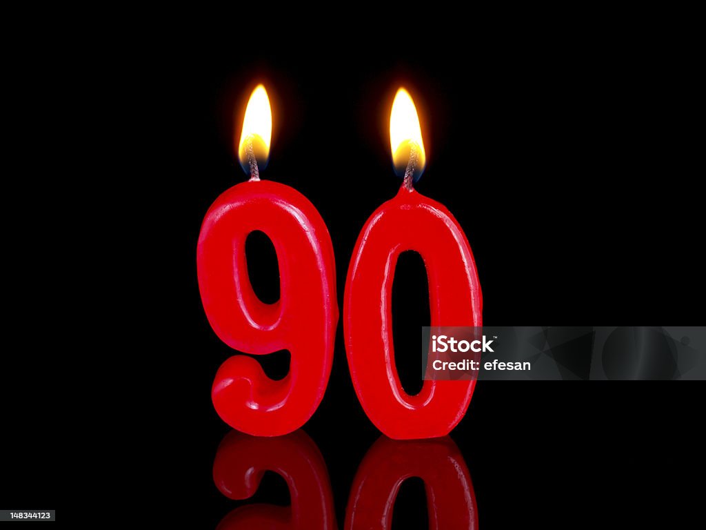 Anniversary-birthday  candles. Nr. 90 Anniversary candles with red numbers and isolated on black  background Candle Stock Photo