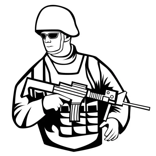 Vector illustration of Soldier with Riffle tattoo style in black and white