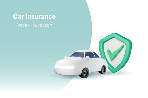 Car insurance. Car with protective shield to protect from accident and damage. 3D vector illustration.