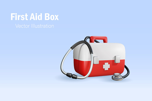 First aid box with stethoscope. Medical equipment and health emergency assistant kit. 3D vector.