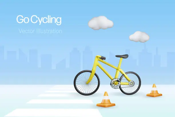 Vector illustration of Bicycle on city street. Alternative transportation for sustainable energy for environment care and healthy lifestyle. Ecology and save the planet concept. 3D vector.