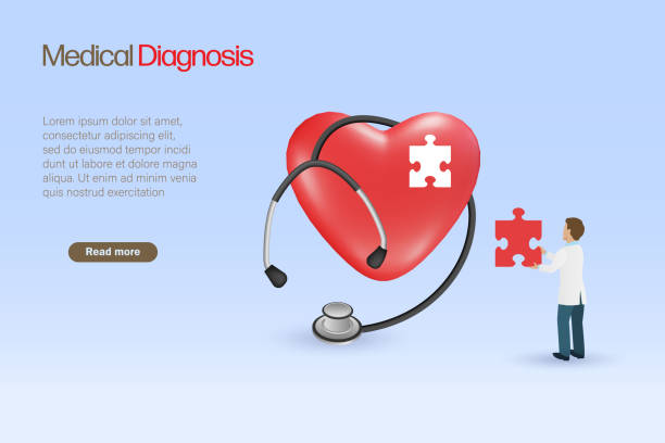 illustrazioni stock, clip art, cartoni animati e icone di tendenza di concetto di servizio medico e sanitario. medico che tiene il pezzo del puzzle per diagnosticare e risolvere il problema cardiaco del paziente. vettore 3d. - healthcare and medicine communication doctor puzzle