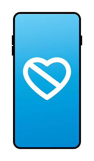Vector illustration of a white no heart symbol on a smart phone.