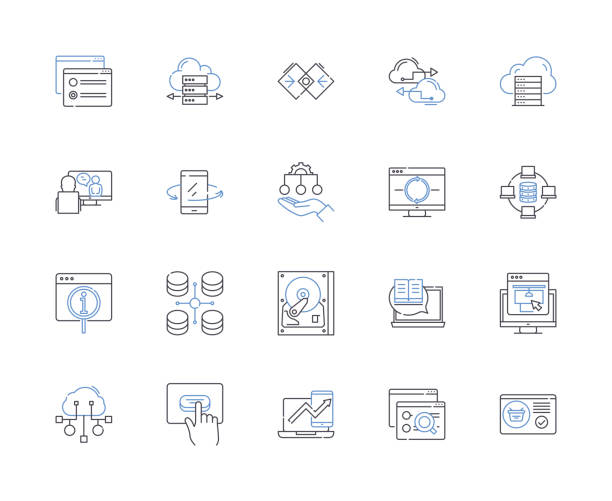Digital industry outline icons collection. Digital, industry, technology, online, computing, internet, marketing vector and illustration concept set. e-commerce, media, software linear signs Digital industry line icons collection. Digital, industry, technology, online, computing, internet, marketing vector and linear illustration. e-commerce, media, software outline signs set gi icon stock illustrations