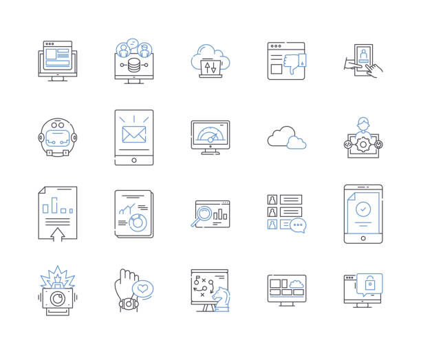 gerätetechnologie umreißt die sammlung von symbolen. gerät, technologie, gadgets, elektronik, computer, netzwerke, zellvektor- und illustrationskonzept. linearzeichen für mobilfunk, mobilfunk und telekommunikation - pill computer telephone cpu stock-grafiken, -clipart, -cartoons und -symbole