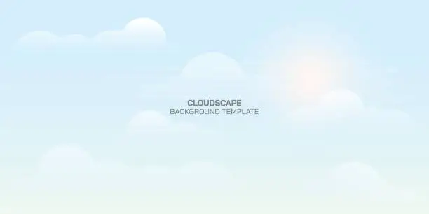 Vector illustration of Blue sky with clouds and sunlight. Flat design background with shining sun and white fluffy clouds. Cloudscape bright weather in summer season. Sunny day sky scene cartoon vector illustration.