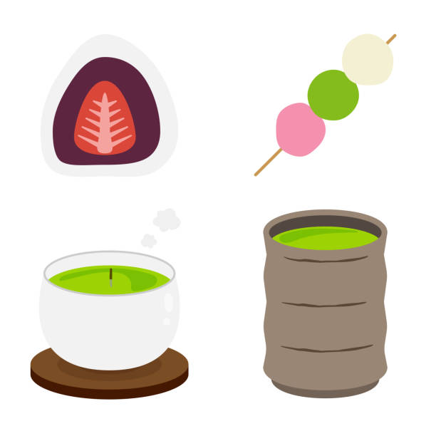 illustrazioni stock, clip art, cartoni animati e icone di tendenza di illustrazioni vettoriali di tè verde giapponese e dolci giapponesi (wagashi). - japanese tea cup