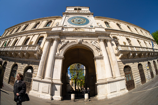 Padua, Italy. April 2023.  Fish eye view of the square of the lords in the city center
