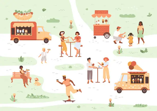 Vector illustration of People eating in summer park.