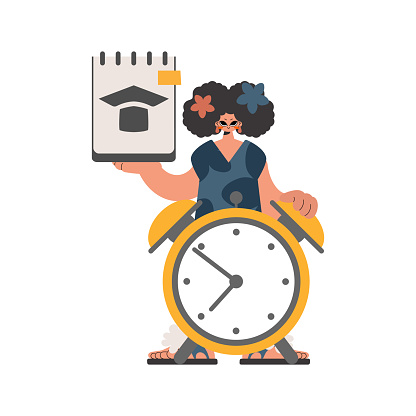 Energetic lady with theoretical and caution clock, disconnected on white foundation. Trendy style, Vector Illustration