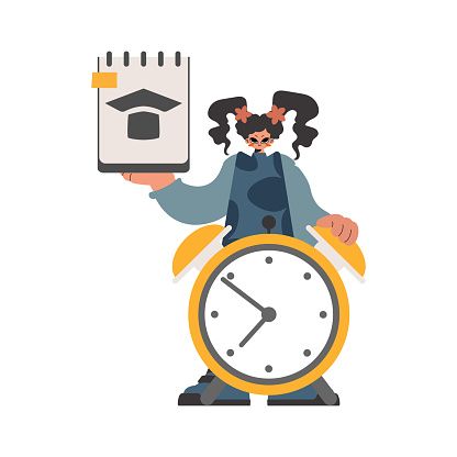 Energetic lady with theoretical and caution clock, confined on white foundation. Trendy style, Vector Illustration