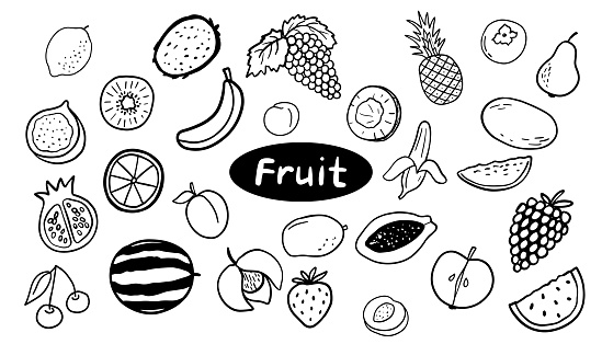 Lemon, apple and banana doodle illustrations. Outline cute fruits