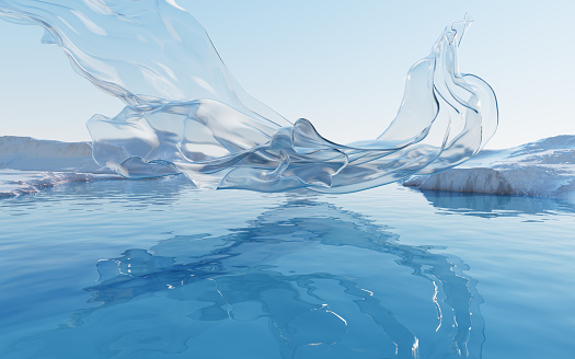 Rippled lake with transparent flowing cloth, 3d rendering. Digital drawing.
