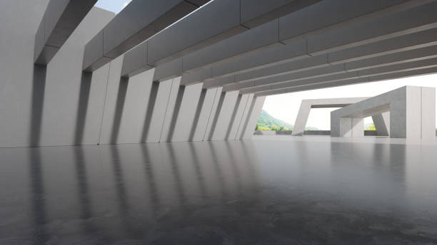 istock Abstract architecture design of modern building. Empty parking area floor and concrete wall with mountain and blue sky view. 1483457871