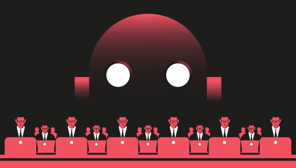 ilustraciones, imágenes clip art, dibujos animados e iconos de stock de empleados en las computadoras y la ilustración del robot gigante - mal robot