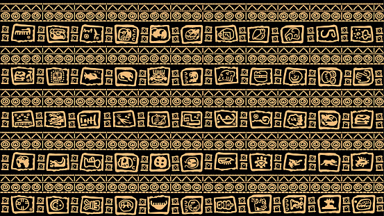 Icon Pack, symbols, letters, masks and pictures of the ancient Maya and Toltec civilization 
The Mayan alphabet. Ancient signs of America on a black background.