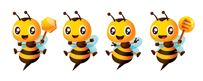 Cartoon cute bee with different poses mascot set holding honeycomb, honey dipper and victory sign gesture illustration collection