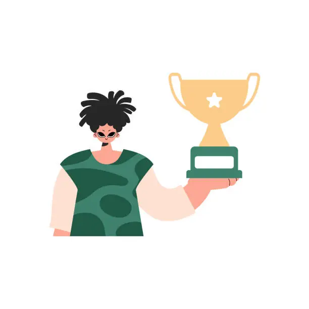 Vector illustration of The person holds the winner's glass in his hands, compelled on a white foundation. Trendy style, Vector Illustration