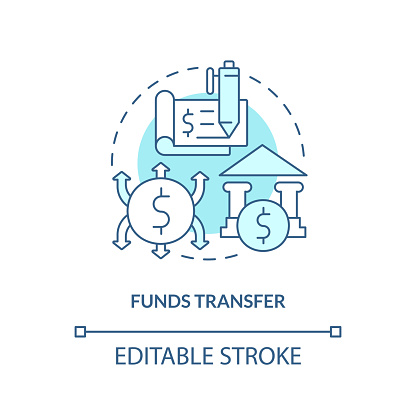 Funds transfer turquoise concept icon. Automated clearing house. How ACH work abstract idea thin line illustration. Isolated outline drawing. Editable stroke. Arial, Myriad Pro-Bold fonts used