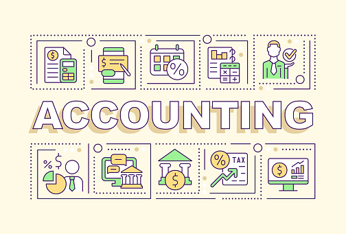 Accounting word concepts yellow banner. Reporting financial activity. Infographics with editable icons on color background. Isolated typography. Vector illustration with text. Arial-Black font used