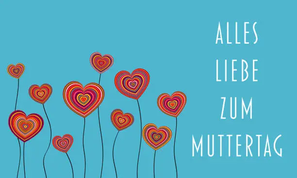 Vector illustration of Happy Mother’s Day - German text - Alles Liebe zum Muttertag. Mother’s Day greeting card with colorful hearts on a light blue background.