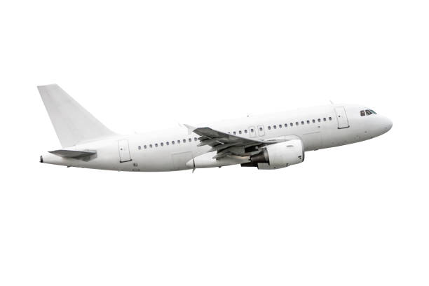 istock Passenger jet plane flies isolated on white background 1483468714