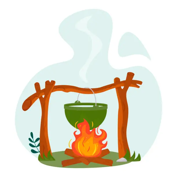 Vector illustration of Cooking outdoors in the field. A pot on a fire in the forest. Cooking over a campfire while traveling. Conceptual travel, trekking and adventure. Vector illustration in the flat style. Isolated.