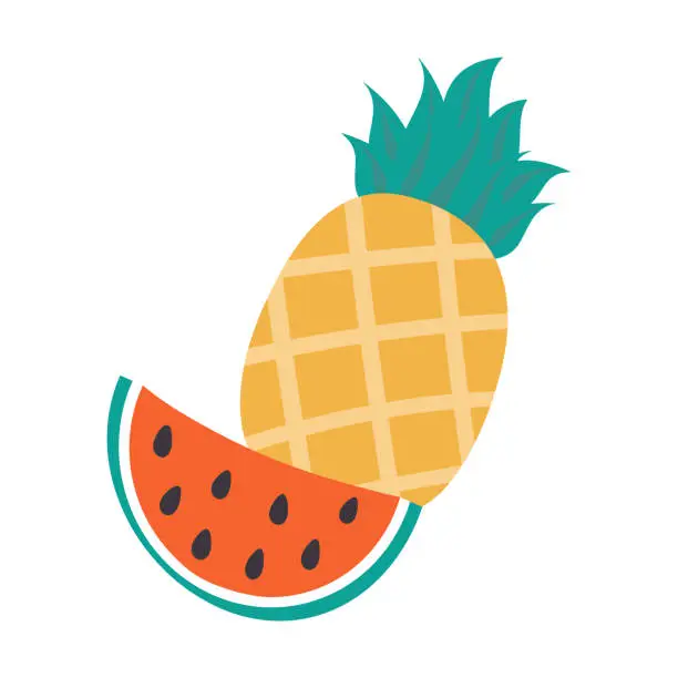 Vector illustration of Bright seamless summer pattern of pineapple in sunglasses, watermelon slices and cocktail with mint