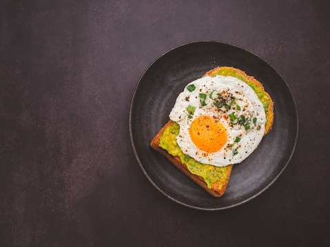 Toast with avocado and eggs served on a plate. Top view. Space for text.