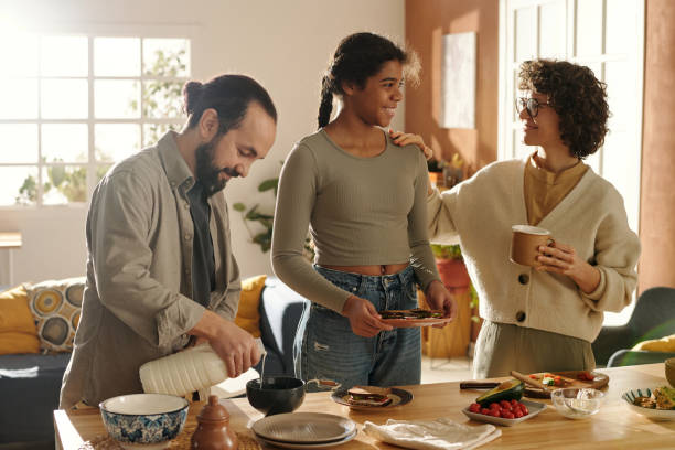 Family having breakfast in the kitchen