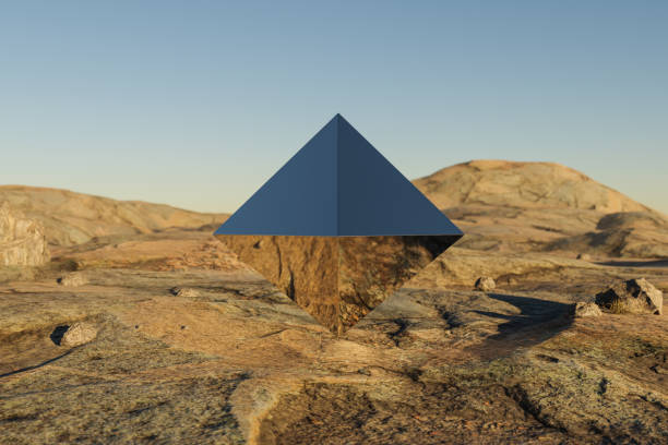istock single metal prism pyramid cube hovering in the air in large empty desert environment; abstract surreal concept; 3D Illustration 1483472825