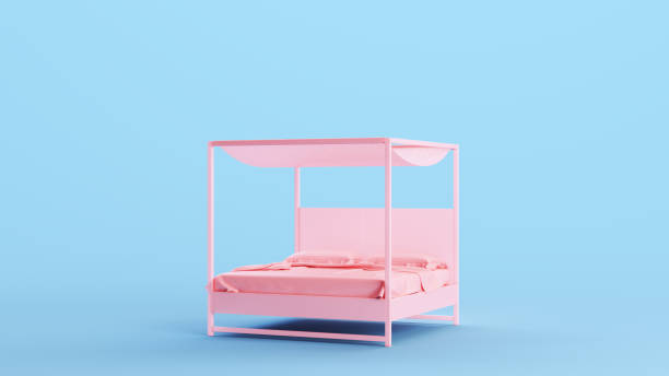 Pink Bed Modern four Poster Frame Comfortable Elegance Sheets Blanket Pillow Kitsch Blue Background Pink Bed Modern four Poster Frame Comfortable Elegance Sheets Blanket Pillow Kitsch Blue Background 3d illustration render digital rendering pink bed stock pictures, royalty-free photos & images